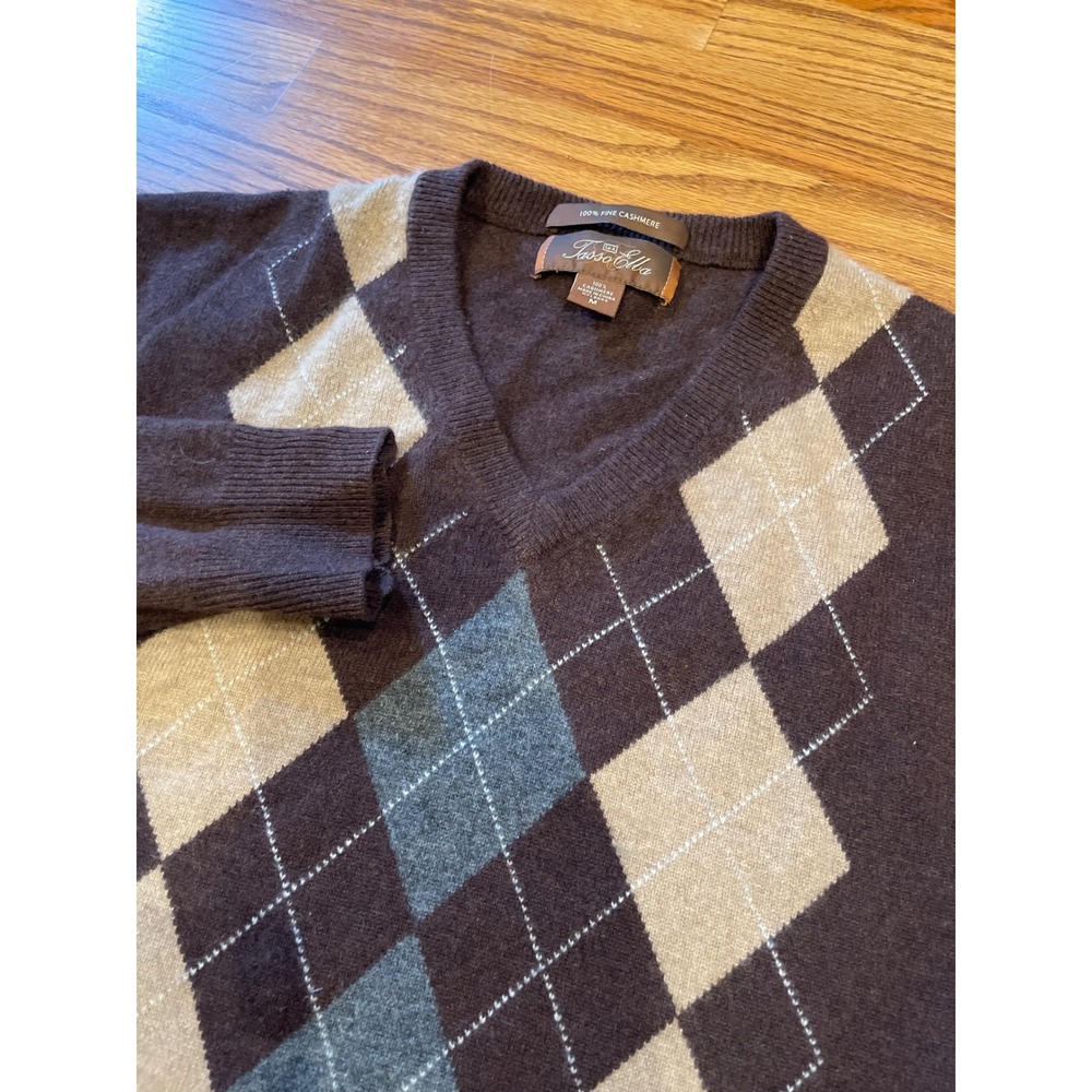 Tasso Elba Mens Sweater Medium Brown 100% Cashmere Argyle V-Neck Pullover